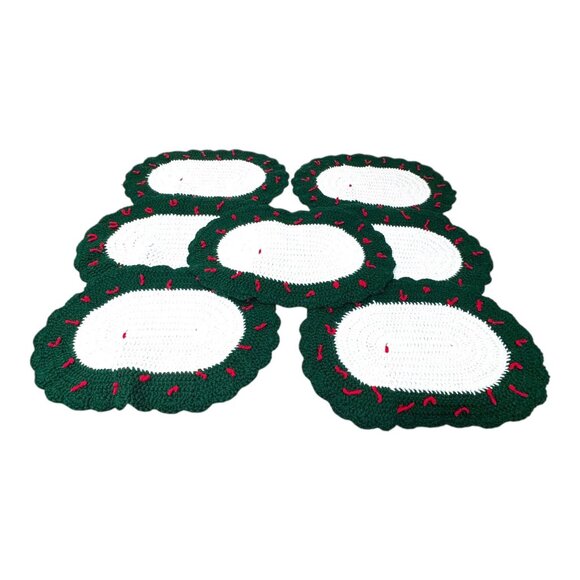 Set Of 7 Handmade Crochet Oval Placemats Christmas Holiday Grannycore Red Bow - Picture 2 of 6
